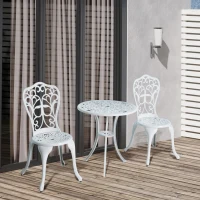 Outsunny 3 Pieces Antique Garden Bistro Set for 2, Cast Aluminium Garden Furniture Set with Umbrella Hole, White(m-2)