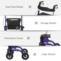 HOMCOM Folding Rollator Walker with Seat, Backrest, Lightweight Walking Frame with Storage Bag, Dual Brakes, All-terrain Wheels, Adjustable Handle Height, 4 Wheeled Walker for Seniors, Purple(m-8)