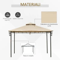 Outsunny Gazebo Pergola da Esterno 3.3x3.3m con Doppio Tettuccio e Telo Estraibile, Marrone Chiaro(m-4)