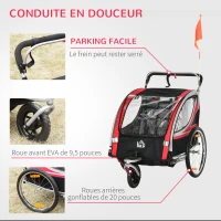 HOMCOM Remorque vélo pour enfant 2 en 1 convertible jogger poussette capacité 26,4 kg avec réflecteurs et drapeau - 2 places  - rouge(m-5)