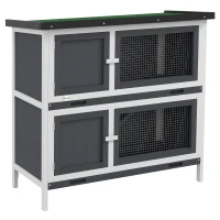 PawHut Conigliera a 2 Livelli in Lego di Abete e Bitume con Rampa, 2 Vassoi Estraibili 4 Porte, 97x44x91 cm, Grigio(m-1)