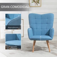 HOMCOM Sillón Individual con Respaldo Alto Reposabrazos Tela de Lino y Patas de Madera para Comedor Cocina 71x76x101cm Azul(m-4)
