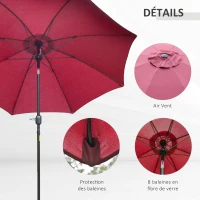 Outsunny Parasol de jardin Parasol droit Parasol inclinable aluminium fibre de verre polyester diamètre 2,65 m coloris rouge(m-6)