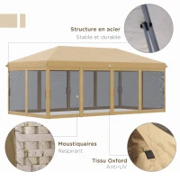 Outsunny Tonnelle Barnum Pliant Pop-up 6 x 3 m moustiquaires amovibles + Sac de Transport Beige Noir(m-4)