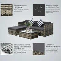 Outsunny Ensemble salon de jardin 5 pièces ensemble canapé d'angle 4 personnes résine tressée avec table basse plateau verre trempé coussins déhoussables gris(m-5)