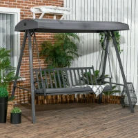 Outsunny 3-Seat Garden Swing Chair, Outdoor Canopy Swing with Removable Cushion, Adjustable Shade, and Slatted Bench, for Porch, Poolside, Backyard, Dark Grey(m-2)