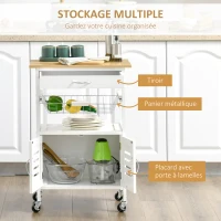 HOMCOM Chariot de service desserte de cuisine à roulettes meuble de rangement avec plateau en bambou panier en métal et armoire avec 2 portes persiennes dim. 58L x 37l x 83H cm - blanc(m-4)