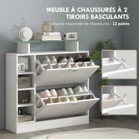 HOMCOM Meuble à chaussures avec 2 tiroirs rabattables 12 paires, plateau en verre et étagères réglables, 89 x 25 x 92 cm, blanc(m-4)