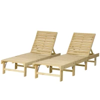 Outsunny Set di 2 Lettini Prendisole da Giardino in Legno, Pieghevoli e con Schienale Regolabile, 195x59x30 cm(m-10)