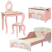 ZONEKIZ Kids Bedroom Furniture Set Includes Bed Frame, Toy Chest, Dressing Table for Ages 3-6 Years, Pink(m-1)