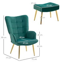 HOMCOM Modern Armchair with Footstool, Upholstered Accent Chair with Ottoman, Steel Legs, Velvet Wingback Chair for Living Room, Bedroom, Home Study, Dark Green(m-3)