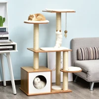 PawHut Arbre à chats design contemporain griffoirs grattoirs sisal naturel centre d'activités niche plate-formes jeu boule suspendue 83L x 75l x 120H cm MDF hêtre clair(m-2)