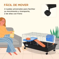 PawHut Jaula para Roedores Pequeños con Ruedas Hábitat para Hurones Conejillo de Indias con Comedero Bebedero Rampa y Techo Abrible 89x44x43 cm Negro(m-5)