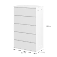 HOMCOM Cassettiera 5 Cassetti in Legno con Maniglie Scanalate, 60x38x100cm, Bianco(m-3)