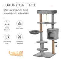 PawHut Cat Tree Tower for Indoor Cats 120cm Climbing Kitten Activity Center with Jute Scratching Post Perch Hanging Ball Hammock Teasing Rope Condo Toy Light Grey(m-4)