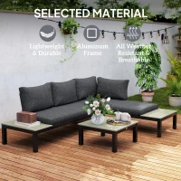 Outsunny 3 Pieces Garden Furniture Set, Aluminium 4 Seater Corner Sofa Set with 2 Loveseats, Coffee Table and Side Trays, Outdoor Conversation Furniture with Cushions for Garden, Dark Grey(m-7)