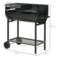Outsunny Barbecue in Acciaio con 2 Griglie Indipendenti, 2 Ruote e Ripiano Inferiore | Nero | 90cm x 45cm x 96cm(m-3)