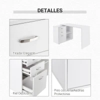 HOMCOM Mesa de Ordenador Escritorio Mesa Esquinera Oficina 2 Formas con 2 Estantes 3 Cajones Mesa de Despacho Escuela Estudio Madera Blanco(m-6)