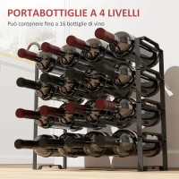 HOMCOM Portabottiglie a 4 Livelli a Onda Impilabili per 16 Bottiglie, in Metallo, 42.5x16.5x41 cm, Nero(m-4)