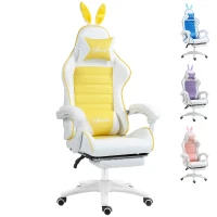 Vinsetto Reclining Racing Gaming Chair with Headrest and Lumber Support, PU Leather Computer Chair with Removable Rabbit Ears, Footrest, Yellow(m-10)