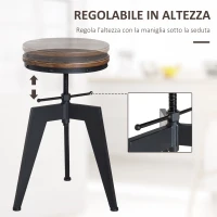 HOMCOM Sgabello da Bar Alto in Stile Industriale Regolabile in Altezza, Metallo e Legno, 39x41x49-64cm Marrone e Nero(m-5)
