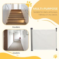 PawHut Barrière animaux rétractable automatique barrière de sécurité enroulable pour escaliers barrière extensible opération à une main dim. 1,4L x 0,88H m aluminium maille PVC blanc(m-7)