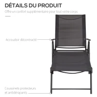 Outsunny Bain de Soleil Pliable transat inclinable 5 Positions Chaise Longue Grand Confort avec accoudoirs dim. 187,2L x 64,5l x 101H cm métal époxy textilène Gris(m-5)