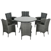 Outsunny Seven-Piece Rattan Dining Table, with Round Glass-Top Table - Mixed Grey(m-11)