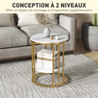HOMCOM Lot de 2 tables basses rondes tables de salon effet marbre avec étagère de rangement ouverte et cadre en acier or(m-5)