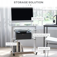 HOMCOM Compact Computer Desk with Keyboard Tray and Wheels, Mobile Home Office Desk for Small Spaces with Sliding Tempered Glass Shelf, White(m-5)