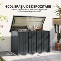 Outsunny Ladă de Exterior de 400L cu Capac cu Două Pârghii, Încuietoare și 2 Chei, 124x66x72 cm, Gri Închis(m-3)