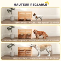 PawHut Gamelle chien surélevée de 3 hauteurs ajustables gamelle pour chien 2 bols acier inoxydable 63 x 58,5 x 40 cm chêne(m-5)