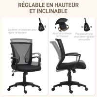 HOMCOM Chaise bureau fauteuil de bureau avec siège dossier en maille respirante hauteur réglable 62 x 60 x 92-102 cm noir(m-5)