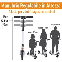 HOMCOM Monopattino Scooter Pieghevole con Serratura Rinforzata Regolabile per Adulti e Bambini in Alluminio 94 x 38 x 90-105 cm Bianco(m-4)