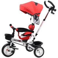 HOMCOM Triciclo para Bebés Plegable Triciclo Evolutivo 2 en 1 para Niños +18 Meses con Toldo Plegable Mango de Empuje Telescópico Reposapiés Cinturón de Seguridad y Cestas Rojo(m-10)