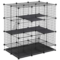 PawHut 3 Level DIY Pet Playpen Metal Small Animal Cage Rabbit Ferret Chinchillas Cage 4 Doors Bottom Trays Black(m-1)