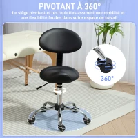 HOMCOM Tabouret à roulettes avec hauteur réglable 51-67 cm et dossier, pour salon de massage, tatouage, clinique, spa, noir(m-5)