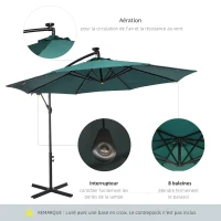 Outsunny Parasol déporté octogonal parasol LED inclinable manivelle piètement acier dim. Ø 3 x 2,6H m vert(m-6)