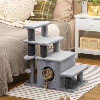 PawHut Escalier pour chat arbre à chat hauteur ajustable 3 ou 4 marches avec niche balle suspendue - 60 x 40 x 66 cm - gris(m-2)