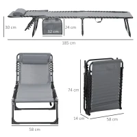 Outsunny Portable Sun Lounger Set of 2, Folding Camping Bed Cot, Reclining Lounge Chair 5-position Adjustable Backrest with Side Pocket, Pillow for Patio Garden Beach Pool, Grey(m-3)