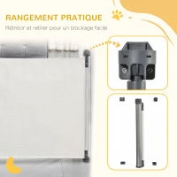 PawHut Barrière animaux rétractable automatique barrière de sécurité enroulable pour escaliers barrière extensible opération à une main dim. 1,4L x 0,88H m aluminium maille PVC blanc(m-5)