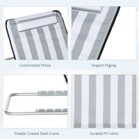 Outsunny Set of 2 Foldable Garden Beach Chair Mat Lightweight Outdoor Sun Lounger Seats Adjustable Back Metal Frame PE Fabric Head Pillow w/ Carry Bag, Light Grey(m-7)