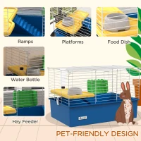 PawHut Chinchillas Small Rabbit Guinea Pig Small Animal Cage, Pet Playhouse, with Platform, Ramp, 71 x 46 x 47cm, Blue(m-5)