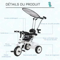 HOMCOM Tricycle Enfants Pare-Soleil Pliable Canne Amovible Benne Rangement 103 x 47 x 101 cm Acier Blanc et Noir(m-7)
