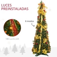 HOMCOM Árbol de Navidad Plegable con Luces LED en Blanco Cálido y Adornos Pre-instalados para Interior Ø60x180 cm Verde(m-6)