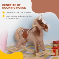 HOMCOM Kids Children Plush Rocking Horse Wooden Base Ride On Toy Rocker with Handle Grip Traditional Toy Fun Gift for Age 3+ (Brown)(m-6)
