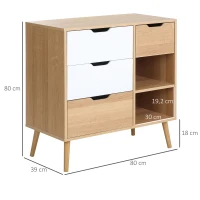 HOMCOM Buffet de salle à manger et cuisine Commode Meuble de Rangement sur Pieds avec 4 tiroirs 2 niches Style scandinave Blanc Aspect Bois Clair(m-3)