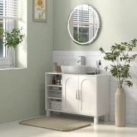 HOMCOM Meuble sous lavabo meuble de salle de bain avec placard à deux niveaux étagères réglables 90l x 30P x 63H cm crème(m-7)
