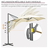 Outsunny Parasol déporté Ø 3 m octogonal inclinable manivelle avec pied en acier crème(m-5)