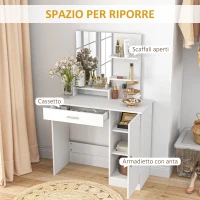 HOMCOM Tavolo per Trucco in Truciolato con Mobiletto, Cassetto, Ripiani Aperti e Specchio, 90x38x138 cm, Bianco(m-4)